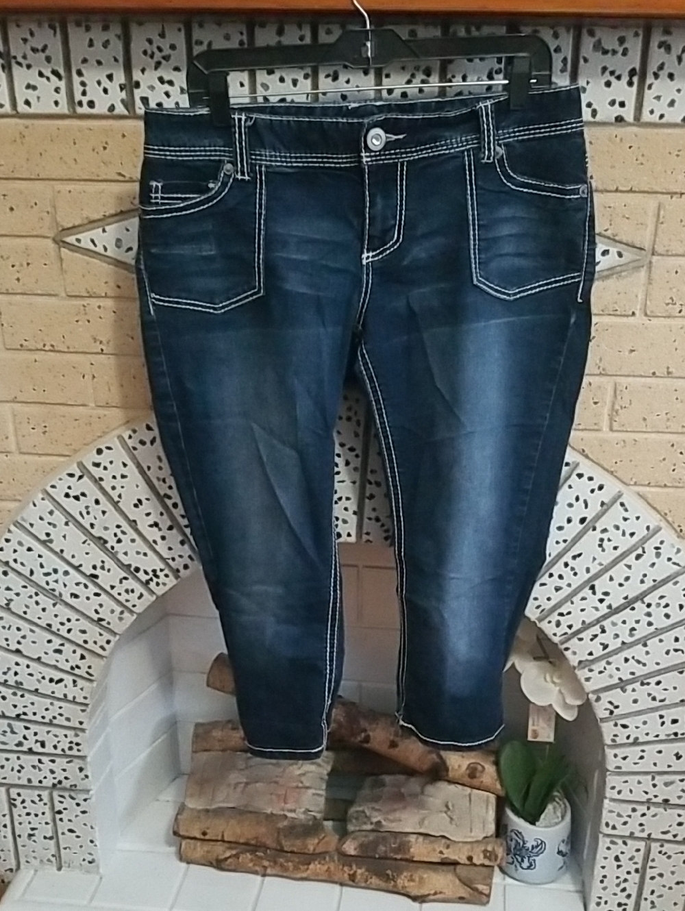 Maurices Dark Blue Cropped Jeans with White Stitching